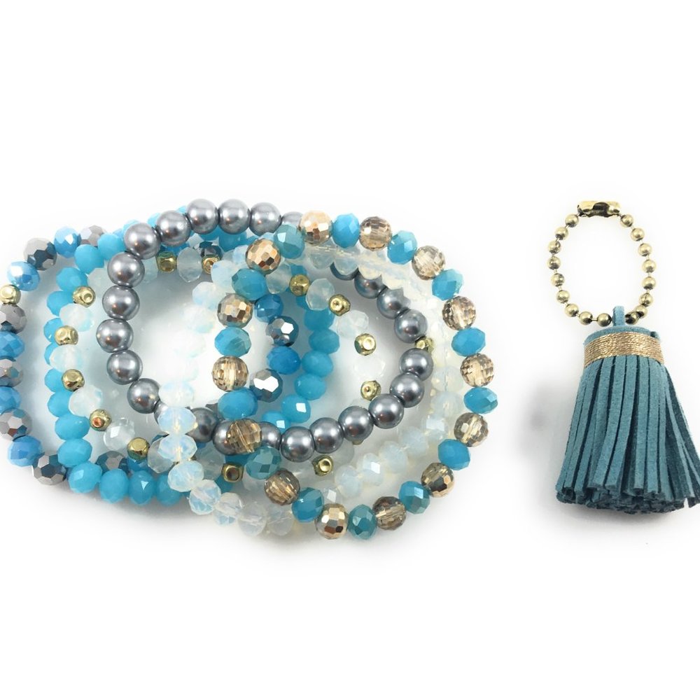 Boho Stack Stretch Bracelet Set of 6 with Tassel - Picture 3 of 5